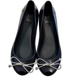 Mel Dreamed‎ by Melissa Girls Navy Star Bow Jelly Flats Shoes Size 2